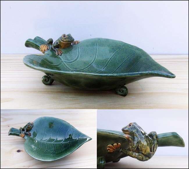 frog on a pottery leaf salad bowl