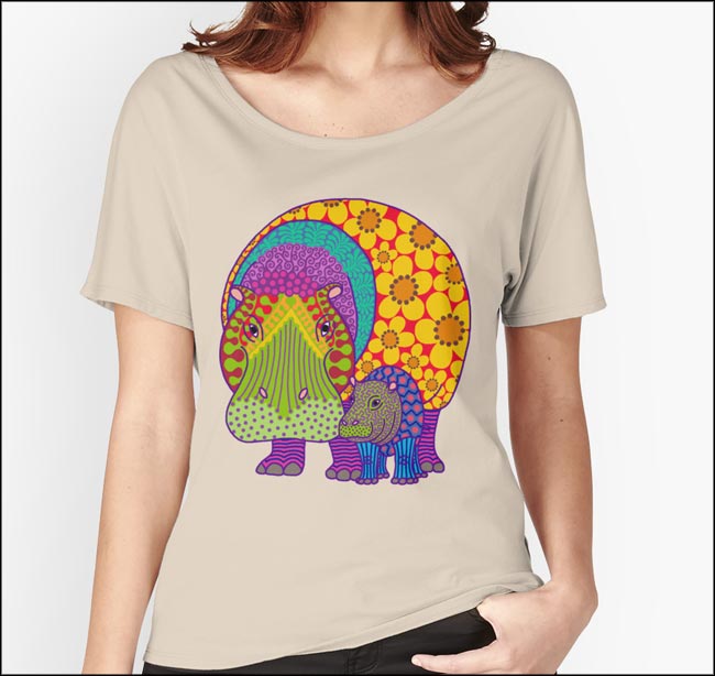 Hippiemptamus & Baba design on a women's T-shirt available on Redbubble.